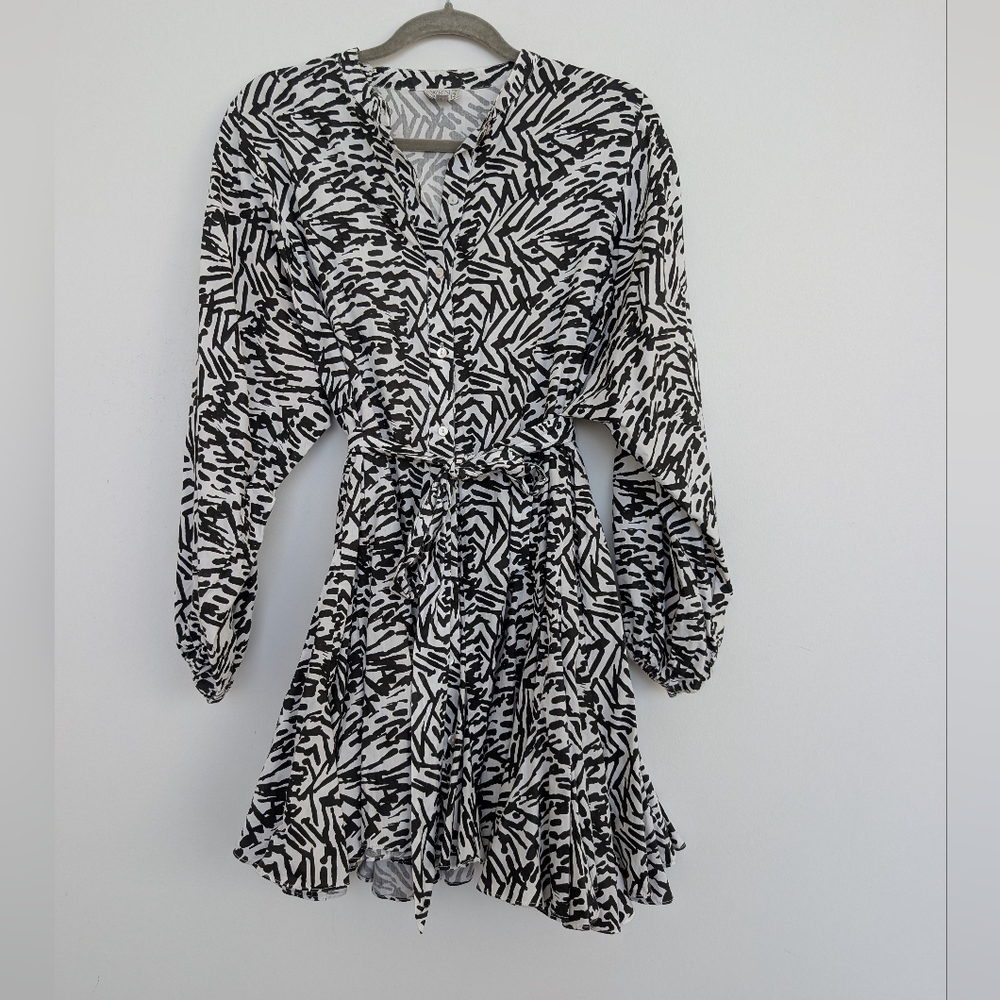 WKND WYFR Zebra Animal Print Long Sleeve Button Front Flare Mini Dress Sz S